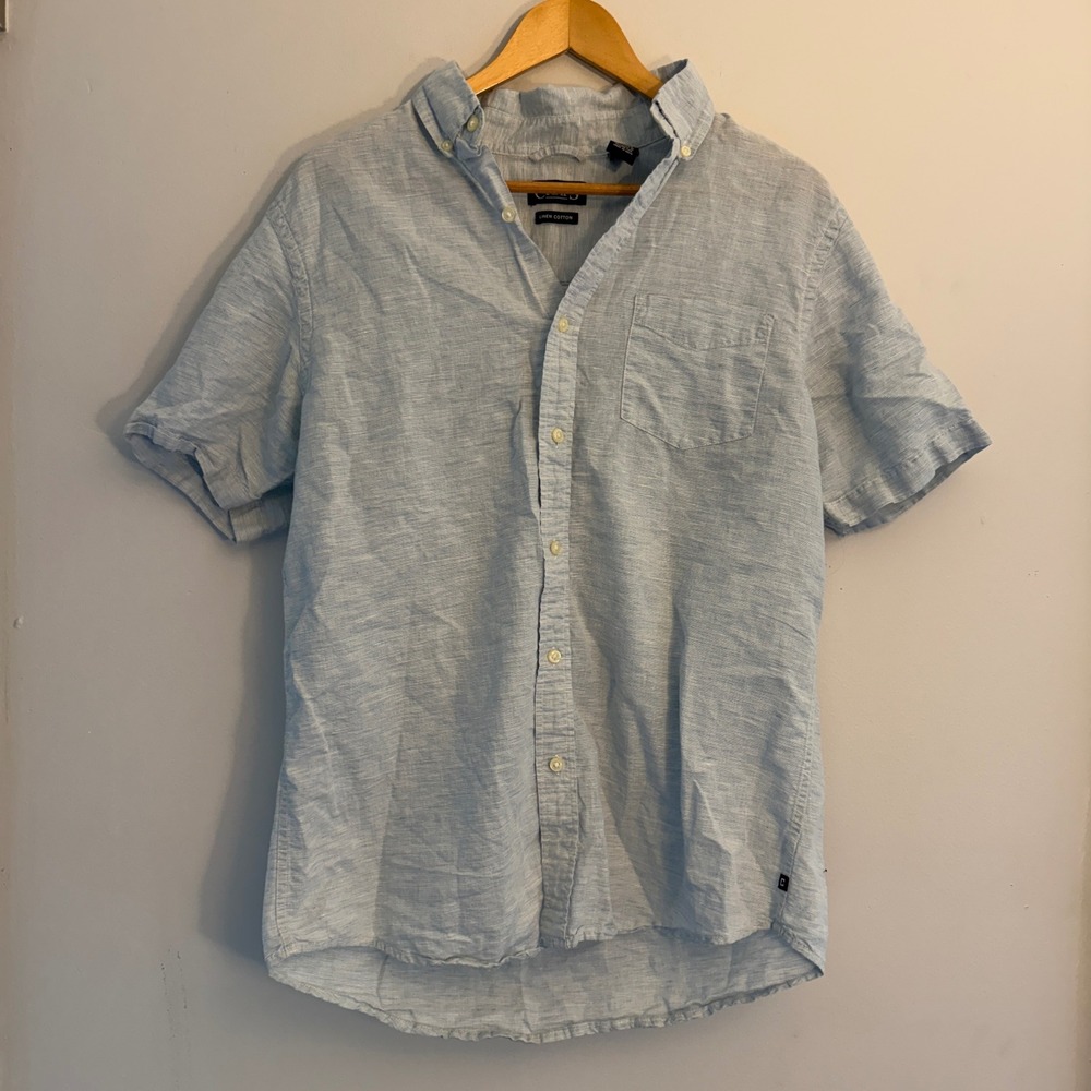 Chaps Mens Medium Light Blue Linen Cotton Short Sleeve Button Down Shirt